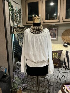 Michael Kors White Peasant Blouse with Smocked Waist M